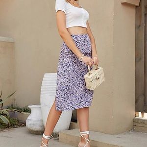 Light Purple Floral Midi Skirt with Slit